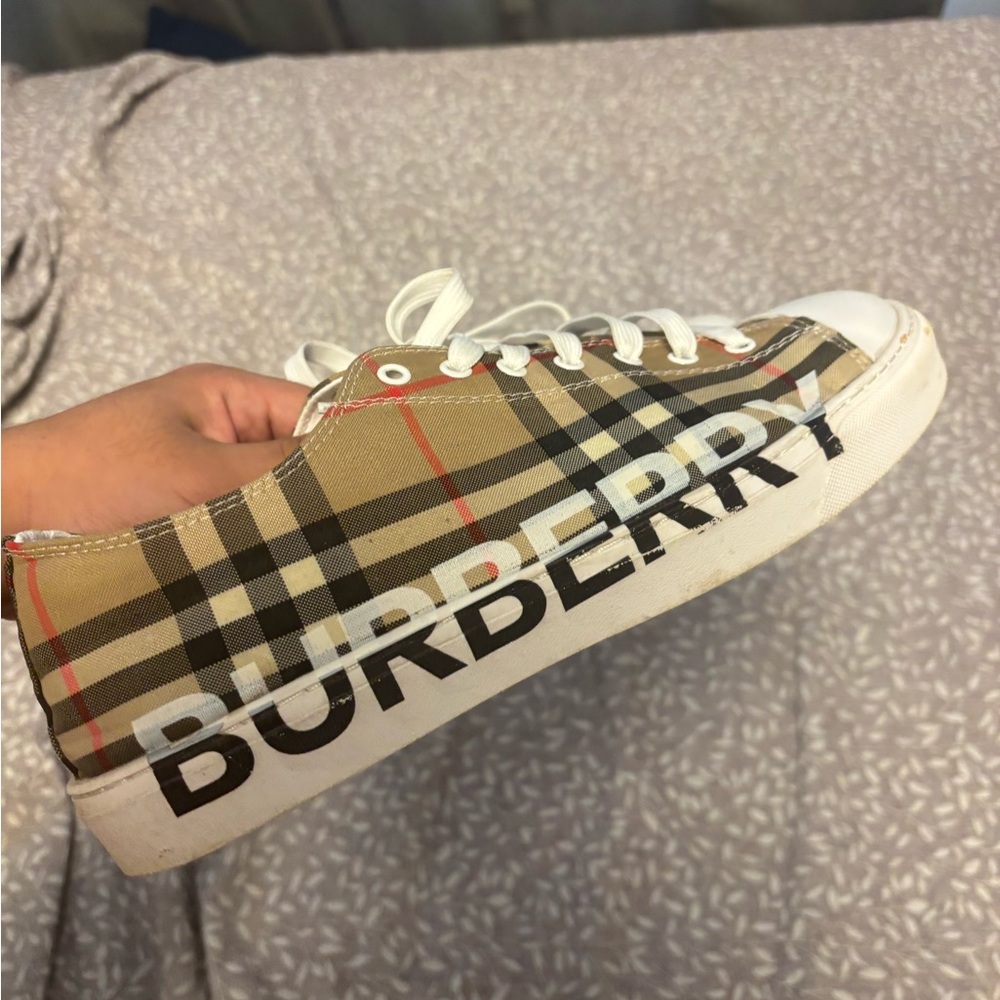 Burberry Beige Plaid Sneakers with Black Logo